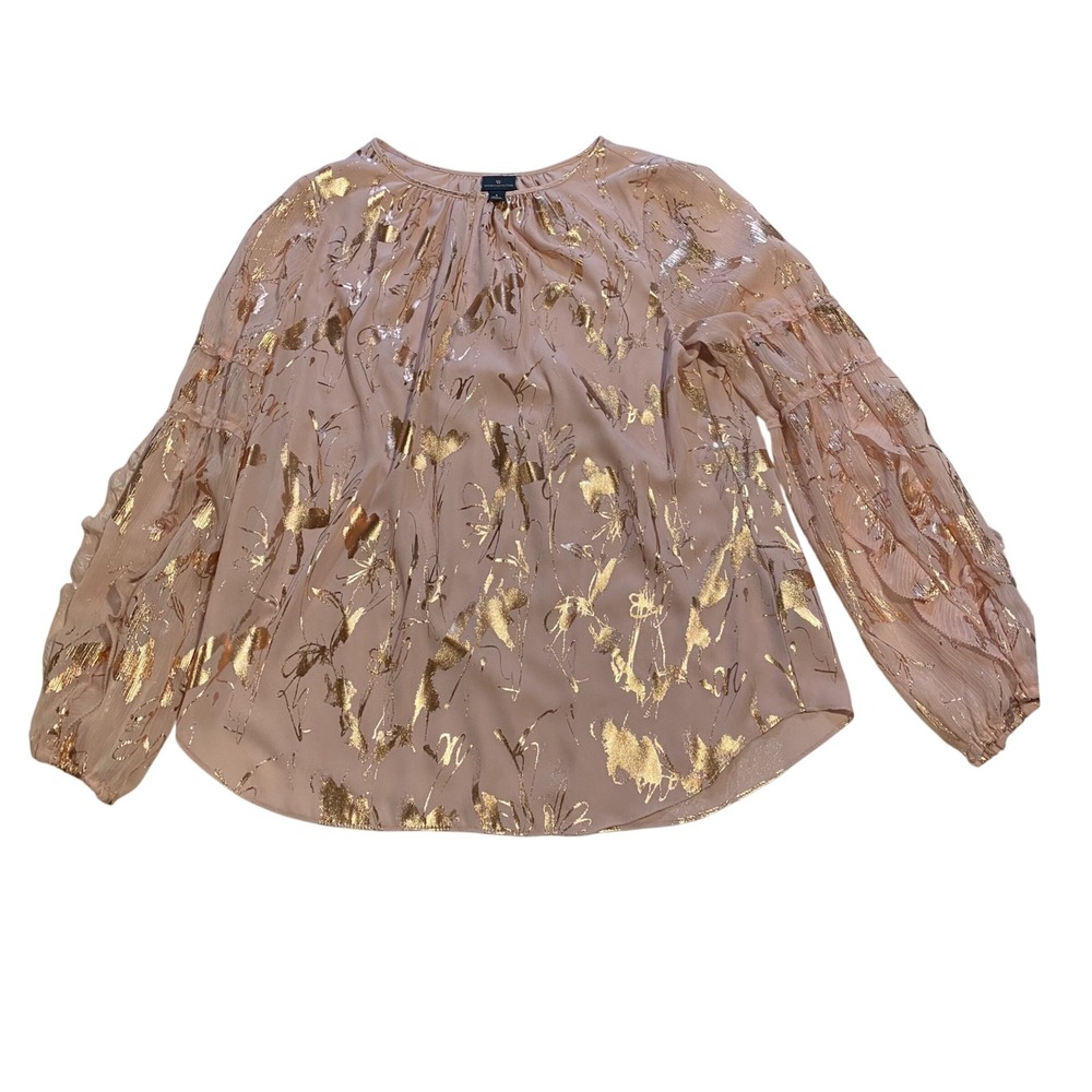 Worthington Womens Blush Pink Gold Metallic Floral Ruffle Sleeve Blouse Large